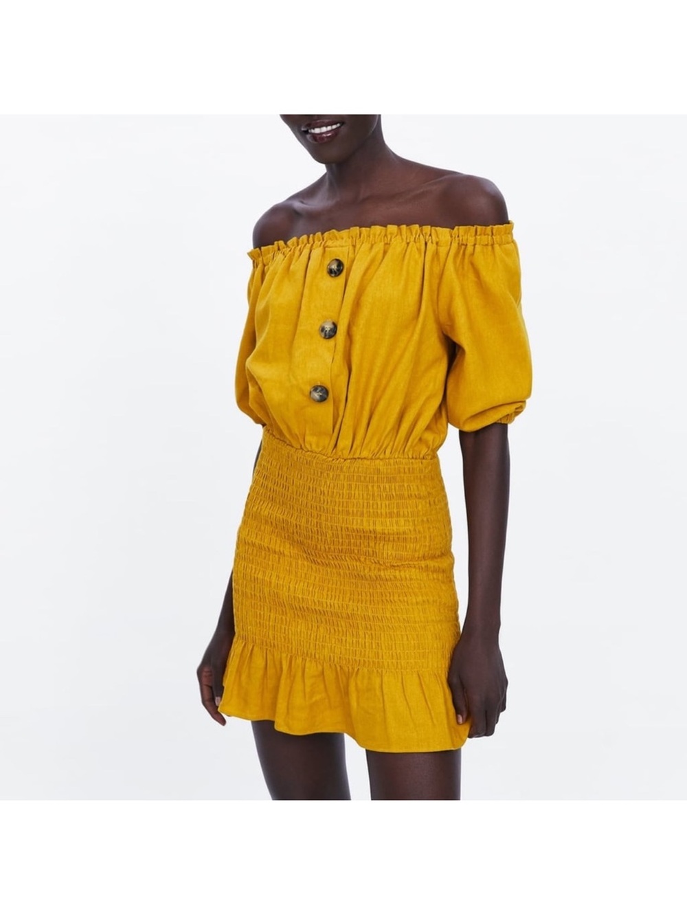 Zara Mustard Off-Shoulder Smocked Midi Dress